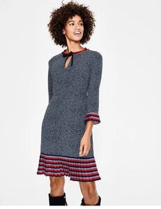 Boden Lara Pleat Detail Dress Blue Spot 3/4 Sleeve Petites Size 10